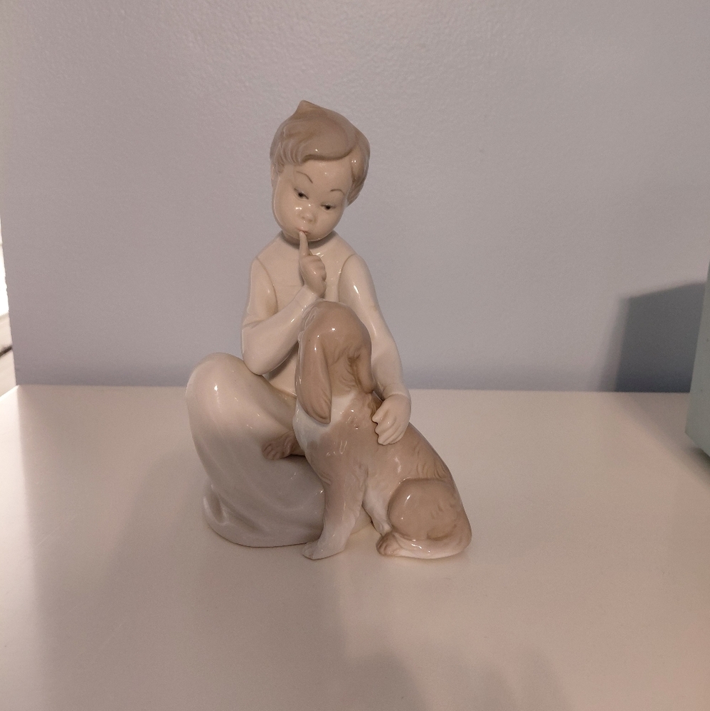 Lladro Figurine with Boy and Dog in Cream and Tan